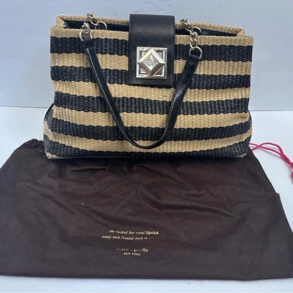Kate spade Handbag Satchel Straw Leather Shoulder Bag Black Camel Striped